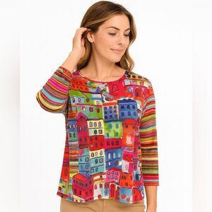Chico’s Artsy Abstract Multicolor Pullover Top L Made in Canada Statement Piece